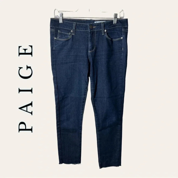 0706. PAIGE PEG SKINNY JEANS DARK WASH IN COLOR RAW HEM SIZE‎ SEE MEASUREMENTS - Picture 1 of 10